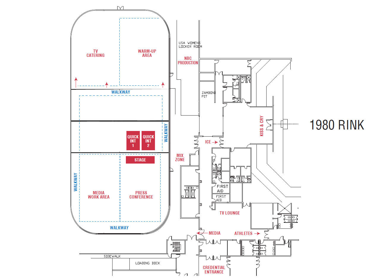 Arena map of Skate America in Lake Placid, which shows the media entrance and media work areas.