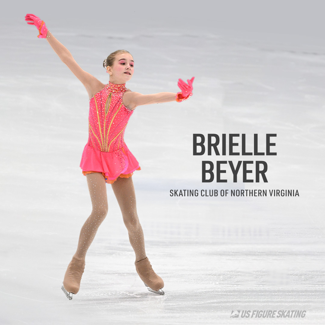 Photo of Brielle Beyer wearing a bright pink skating costume. Next to the photo is her name and the text "Skating Club of Northern Virginia"