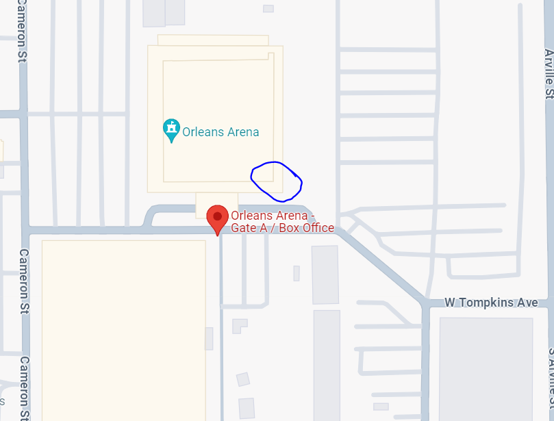Map of the streets surrounding Orleans Arena. The right corner of the arena is circled.
