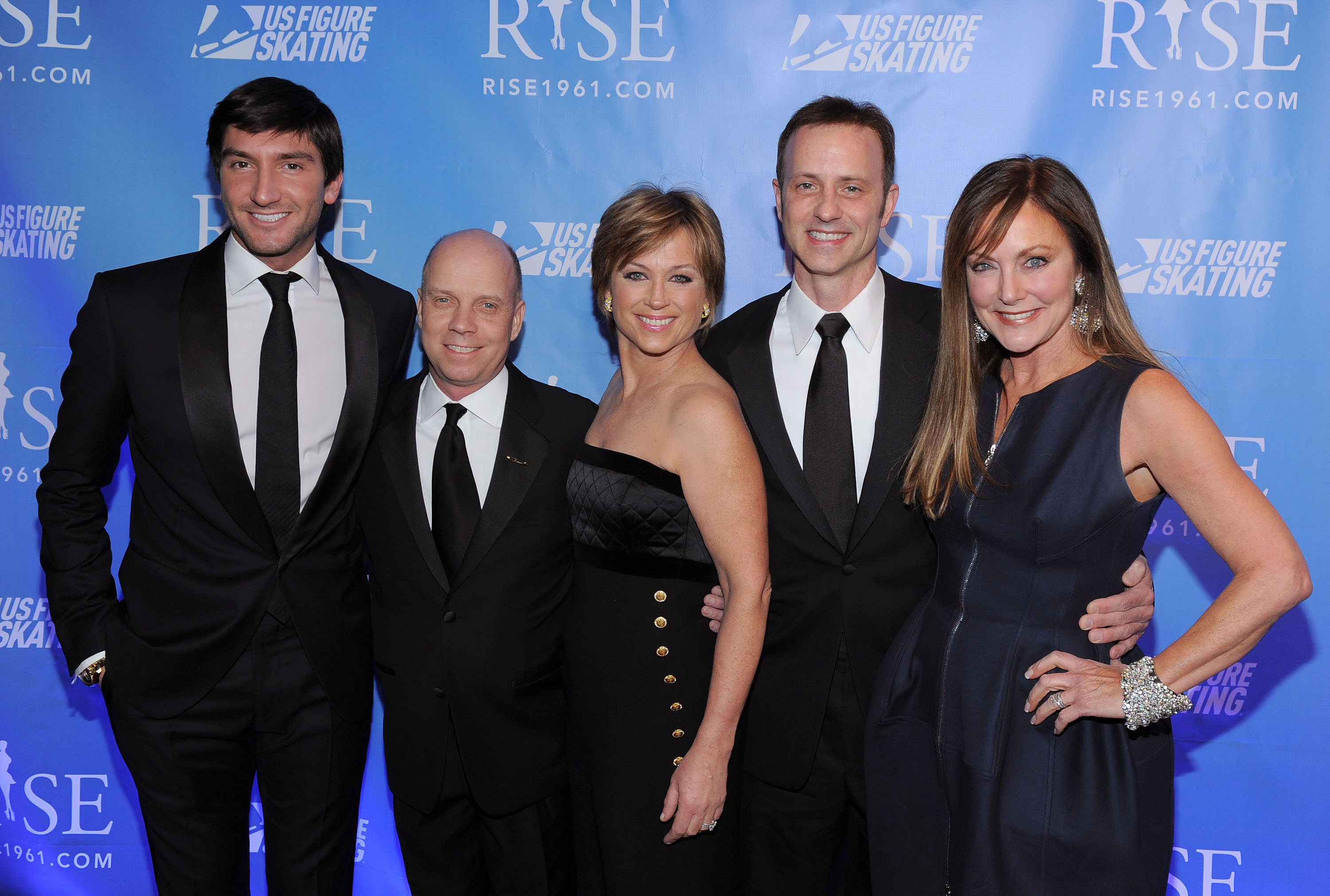 Evan Lysacek, Scott Hamilton, Dorothy Hamill, Brian Boitano and Peggy Fleming pose on the red carpet at the RISE premiere in New York City.