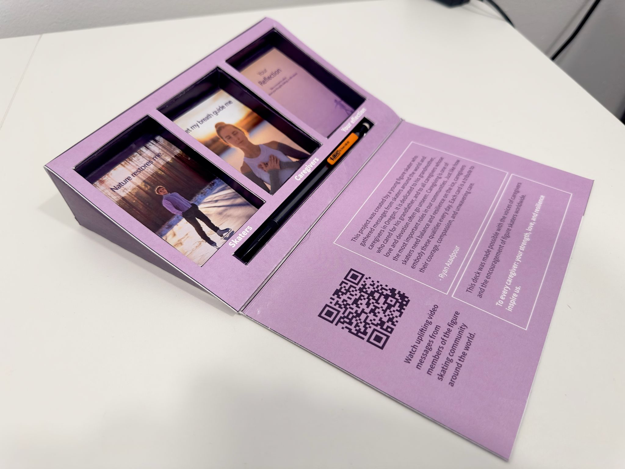 Inside the pink caregiver affirmation card box