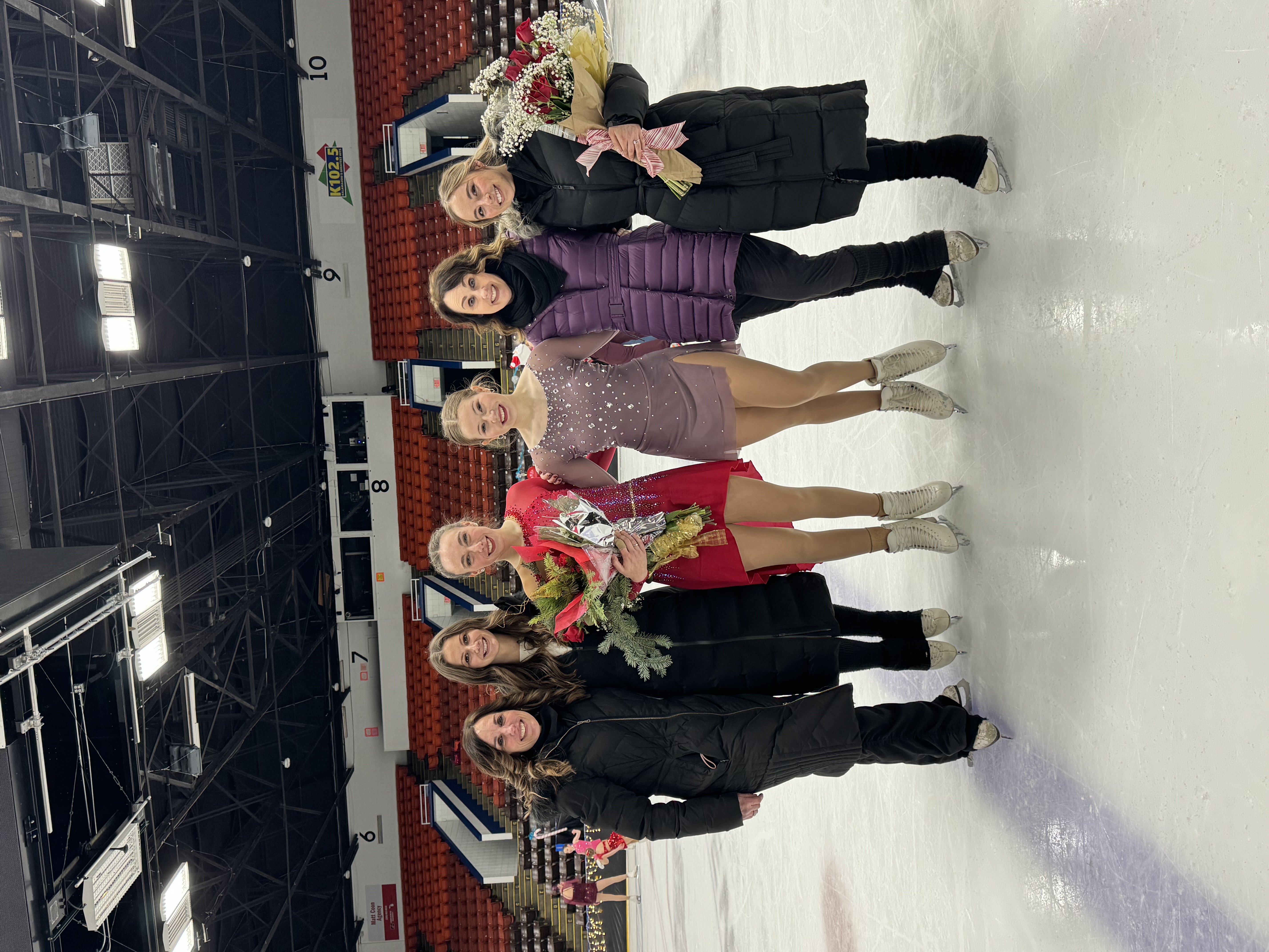 The J2S1 coaching team comes together with their two graduating seniors last spring after an ice show. (l-r) Jennifer Heurlin-Brenne, Amy Czuhajewski, Natalie Brenne , Abby Mumby, Jennifer Miller and Sarah McClish.