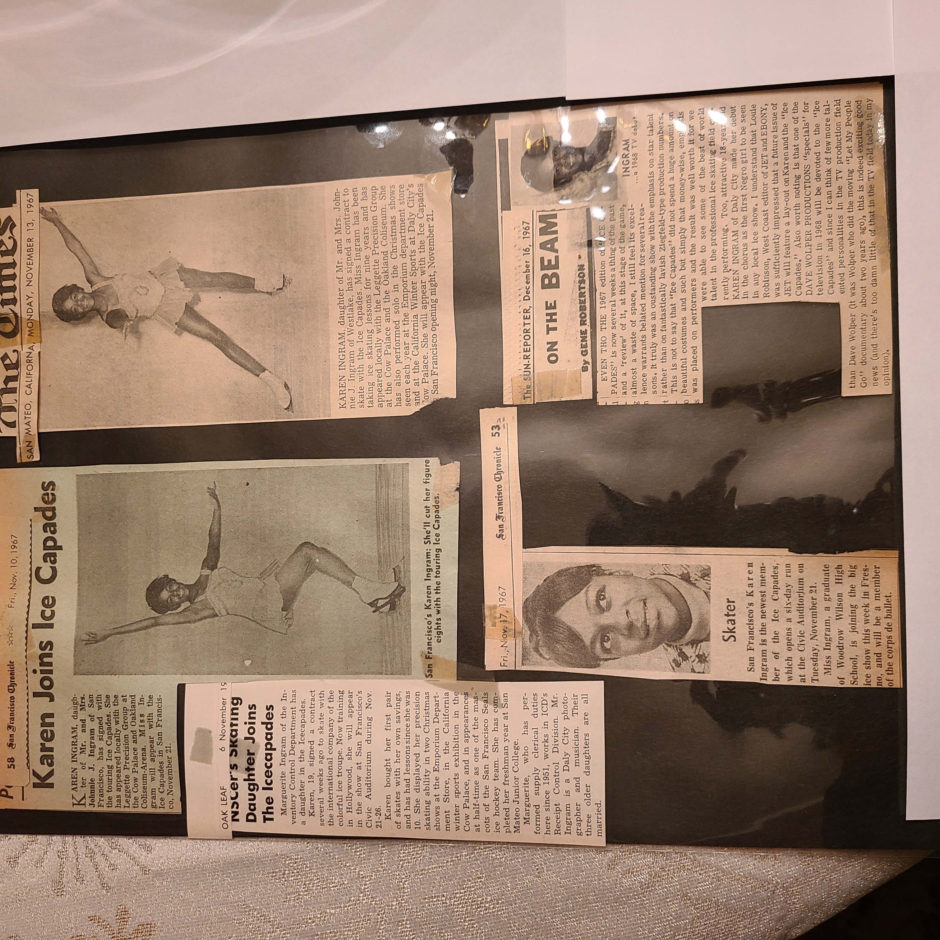A photo of several newspaper clippings featuring Karen Vance on the ice.