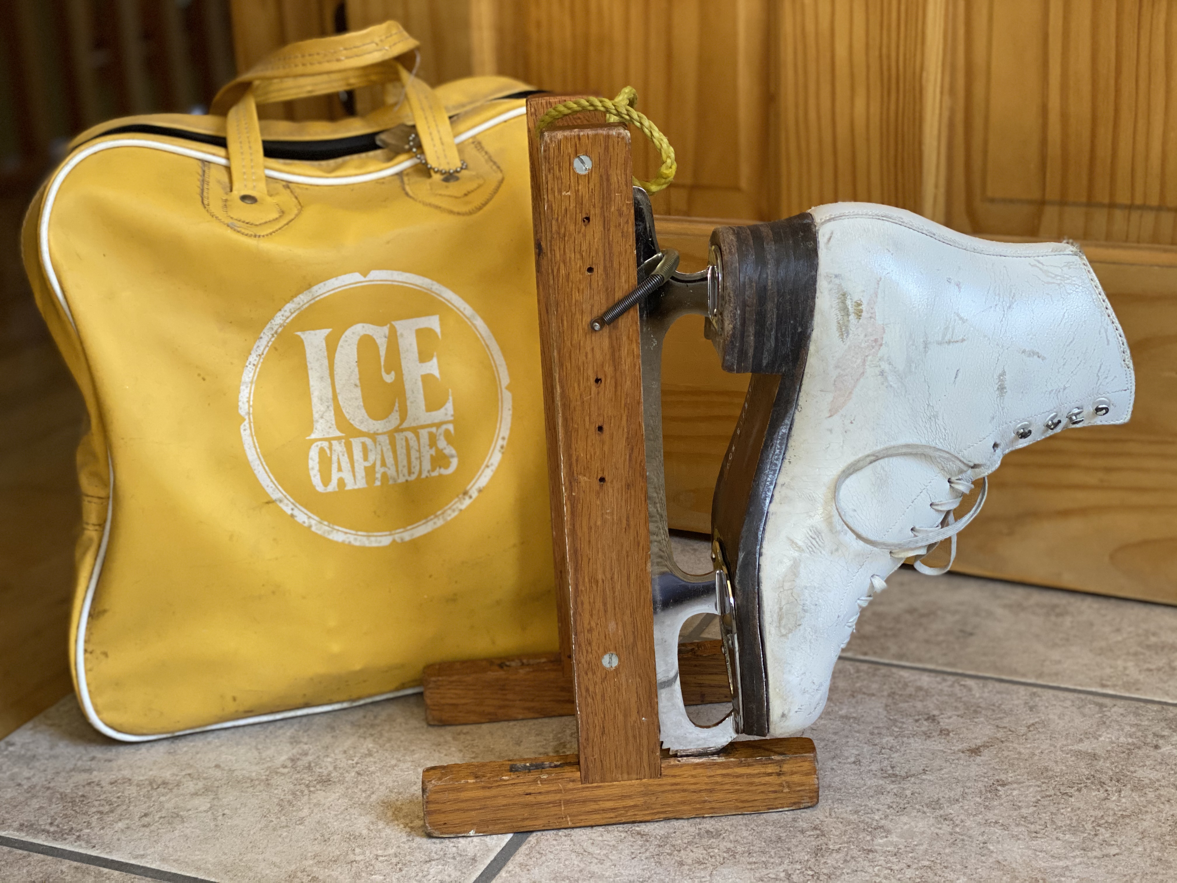 an olden days skate rack and bag