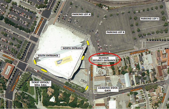 SAP Center parking & media entrance map