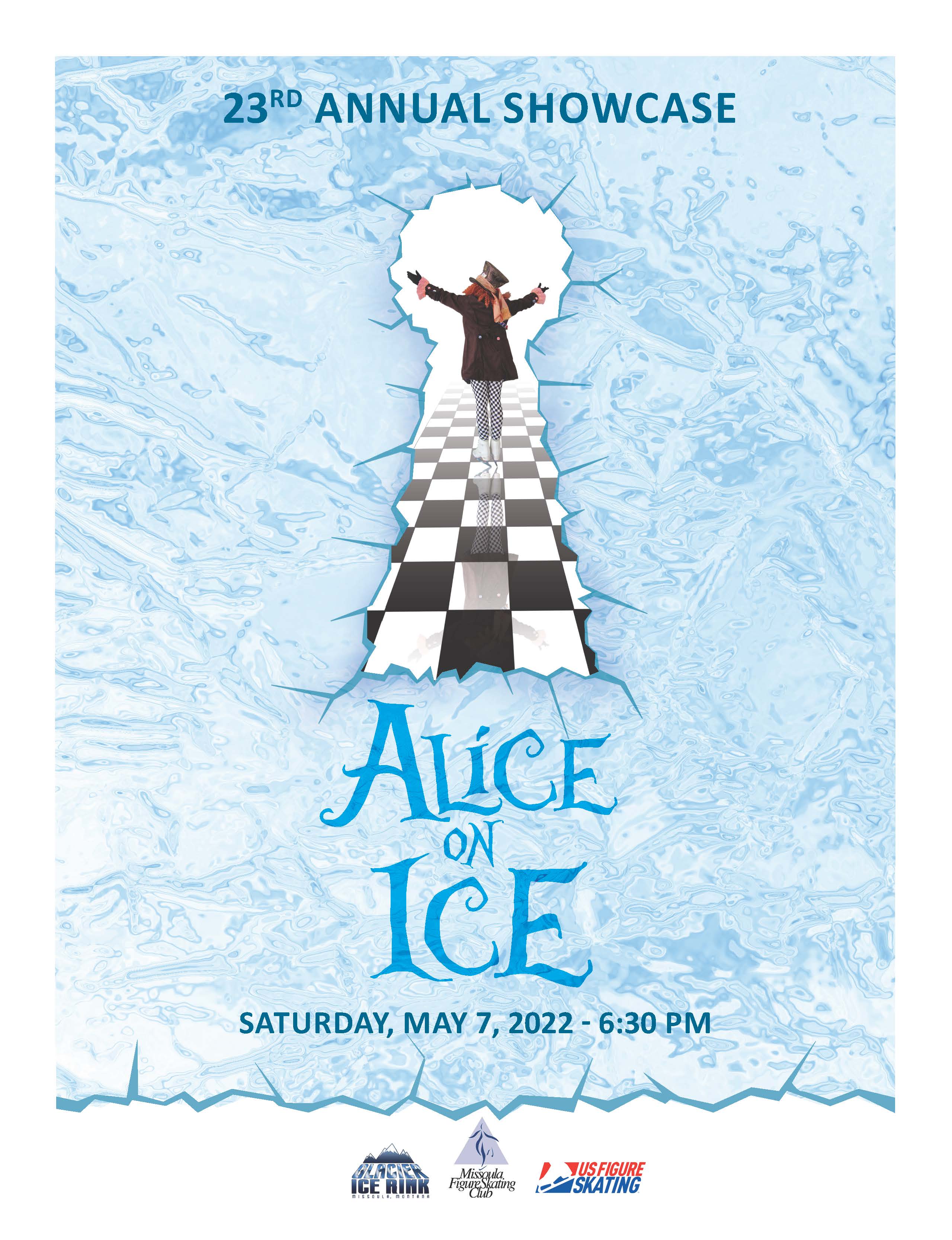 The event poster for Missoula FSC's Alice on Ice, featuring a skater peeping through a big key hole.