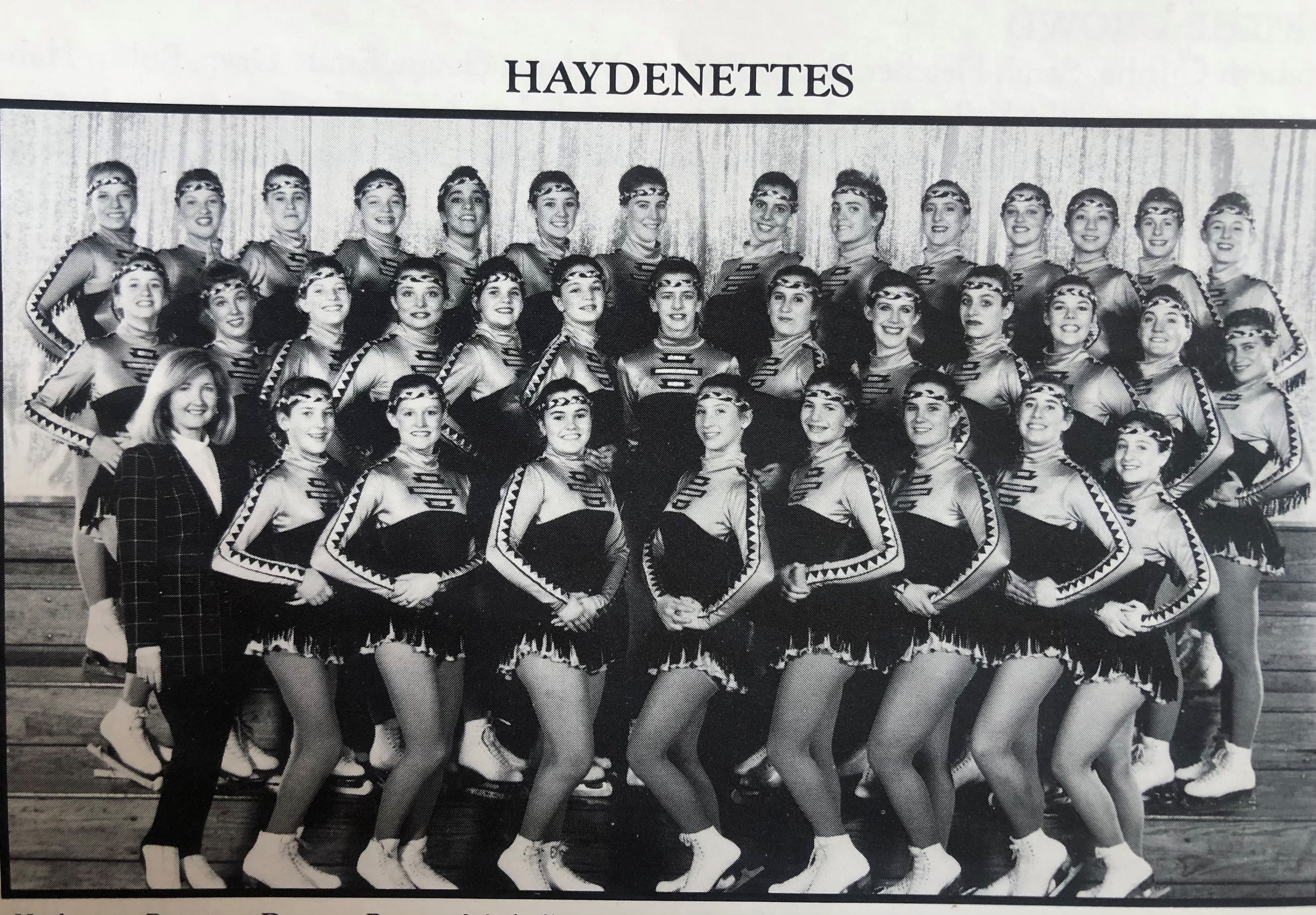 A black and white Haydenettes team photo.