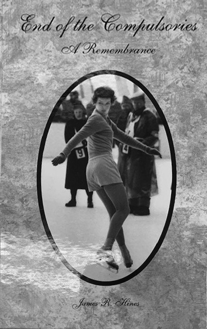 The front cover of Hine's compulsories book - a black and white cover featuring a female skater performing a figure backward on the ice.