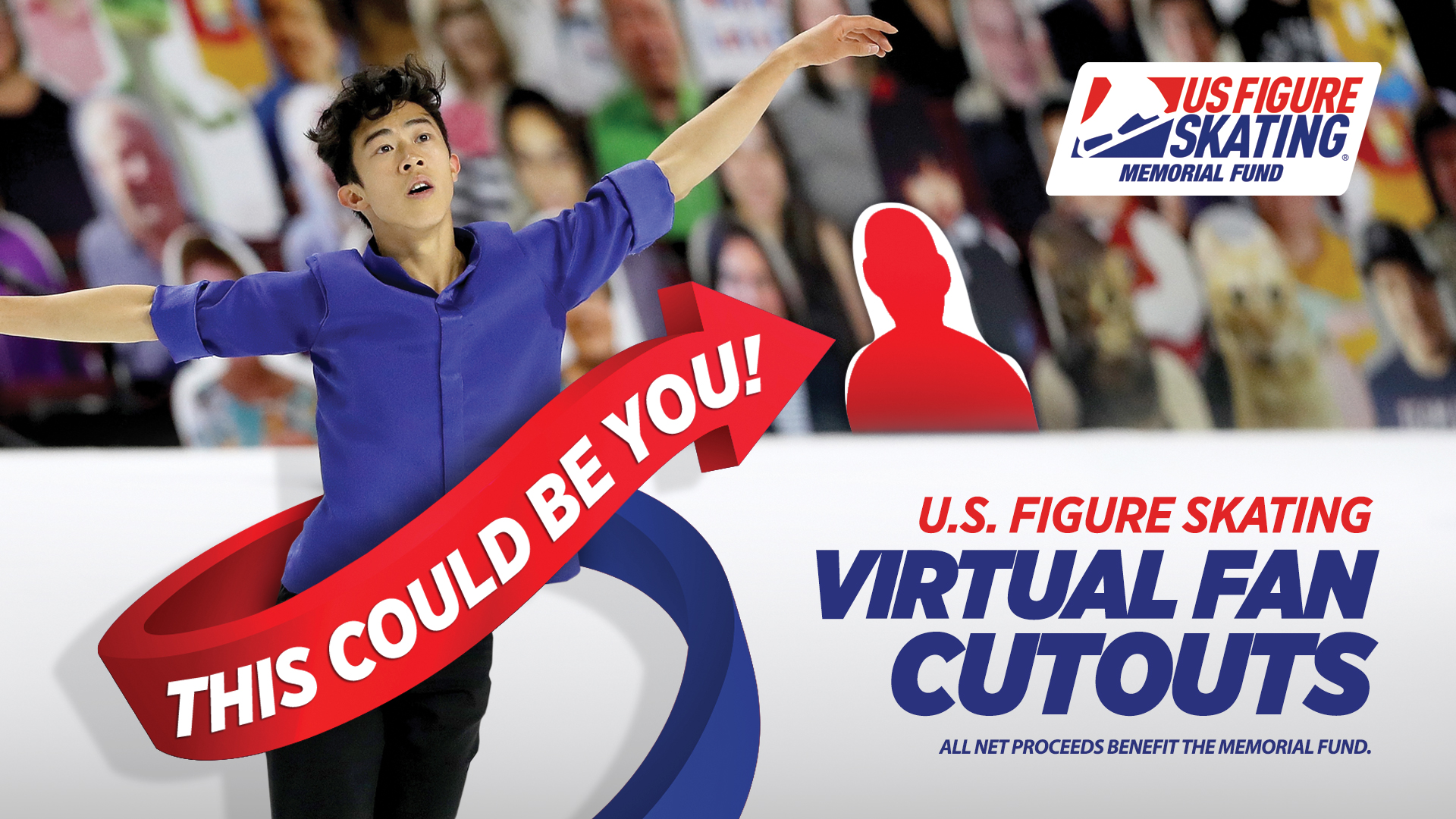 Nathan Chen skates in front of cutouts at the 2020 Guaranteed Rate Skate America.