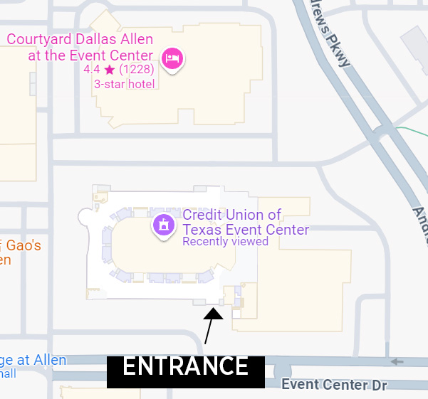 Map of the Credit Union of Texas Event Center with the entrance labeled (far bottom of the building).