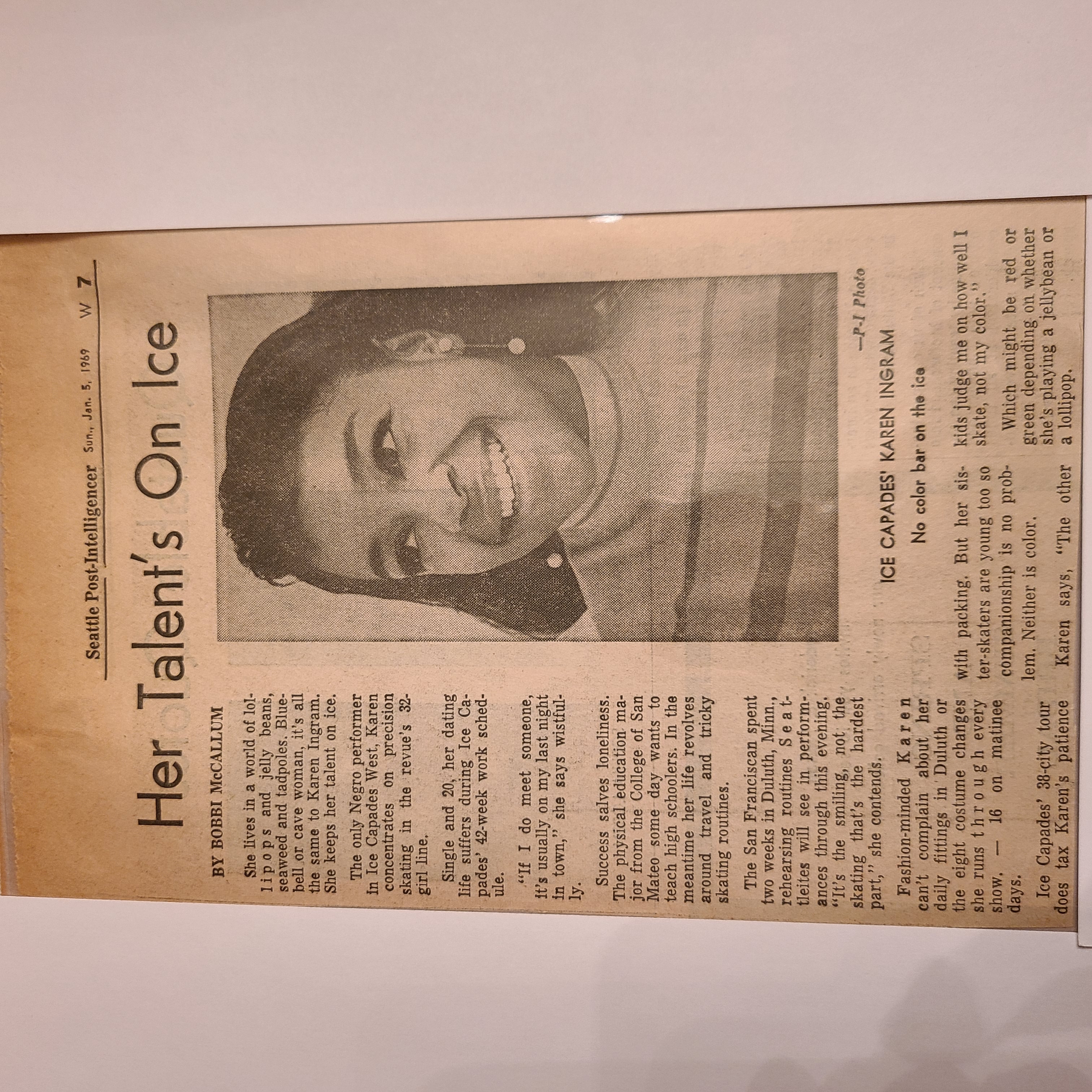 A newspaper clipping of Karen Vance in the Ice Capades.