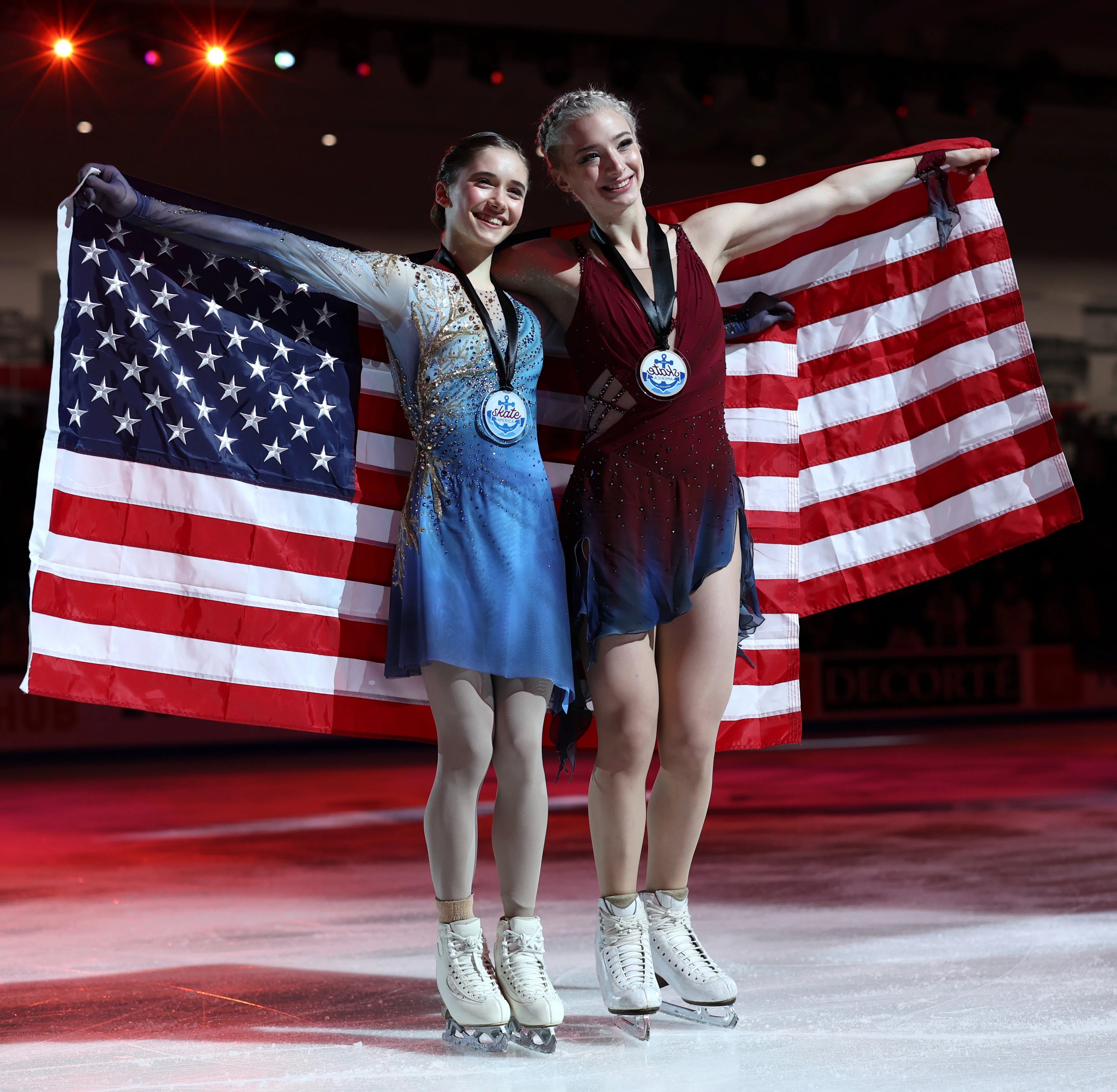 Isabeau Levito and Amber Glenn pose after the Women's medal ceremony