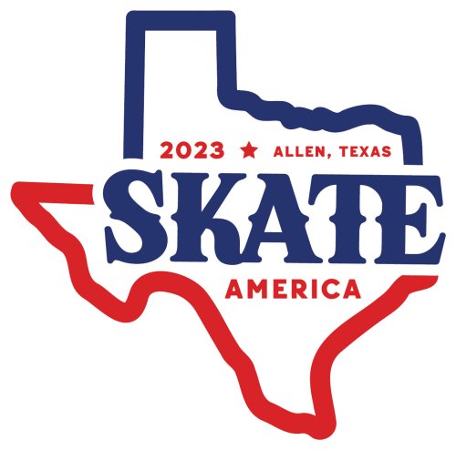 Logo for 2023 Skate America. The logo features a red and blue outline of the state of Texas with the text "2023 Skate America. Allen, Texas"
