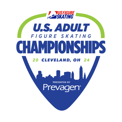 2024 U.S. Adult Figure Skating Championships logo. The logo is green and blue in the shape of a guitar pick and features the Cleveland skyline
