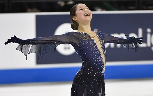 Alysa Liu strikes her final pose, arms outstretched, at the 2020 U.S. Championships.