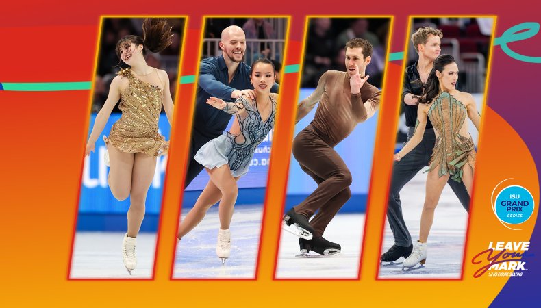 Graphic with an orange background and photos of Alysa Liu, Ellie Kam and Danny O'Shea, Jason Brown, and Madison Chock and Evan Bates