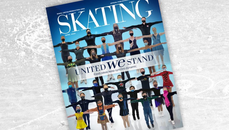 The SKATING cover for April featured dozens of Synchro skaters standing together.
