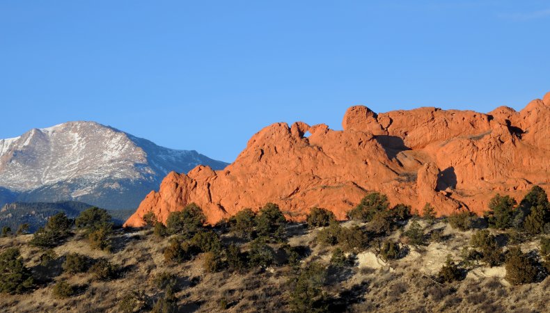 Garden of the Gods in Colorado Springs with Pikes Peak in the background