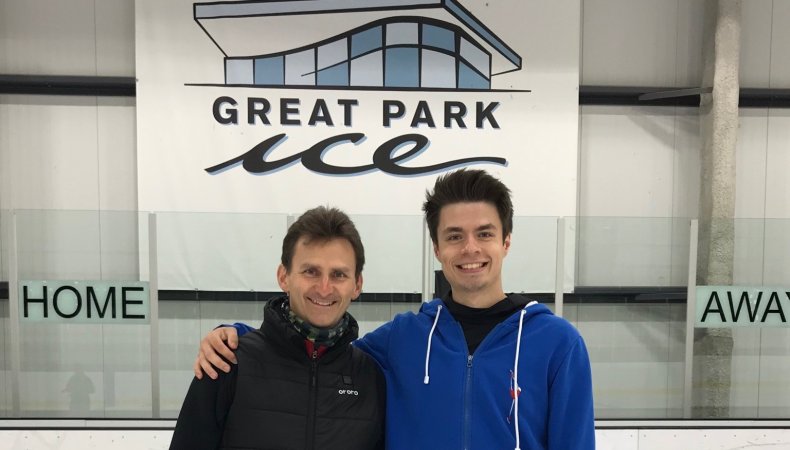 Todd Eldredge poses with student Yarslov Paniot at Great Park Ice
