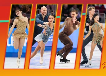 Graphic with an orange background and photos of Alysa Liu, Ellie Kam and Danny O'Shea, Jason Brown, and Madison Chock and Evan Bates