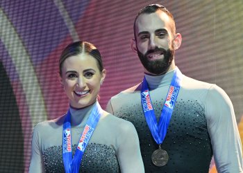 Ashley Cain Gribble and Timothy LeDuc stand for photos with their medal at the 2021 U.S. Figure Skating Championships