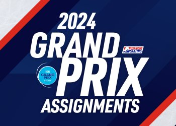 2024 Grand Prix Assignments with the U.S. Figure Skating and Grand Prix Series logos. The background is navy with diagonal red and white stripes by the upper left and bottom right corners.