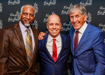 from left to right: Atoy Wilson, Scott Hamilton and Richard Dwyer pose on the red carpet in front of a background that says Ice Theatre of New York
