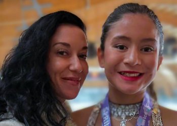 Ashley Gonzalez, right, in skating costume, with coach Christina Wickenhaggen at the Anaheim rink.