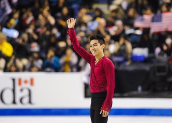 Camden Pulkinen waves to the crowd after his short program at the U.S. Figure Skating Championships