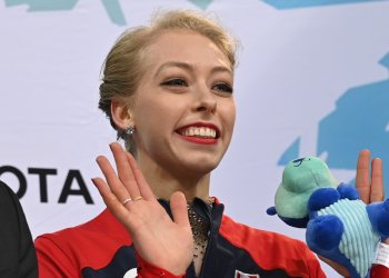 Bradie Tennell at the kiss and cry at the 2020 U.S. Championships