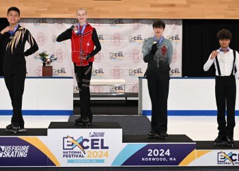 Four men stand on a podium that has the U.S. Figure Skating logo and the logo for the 2024 Excel Final and Festival