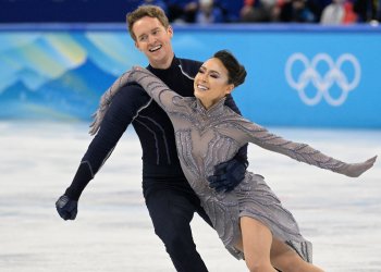Madison Chock and Evan Bates during their free dance for the team event at the Olympic Winter Games Beijing 2022.