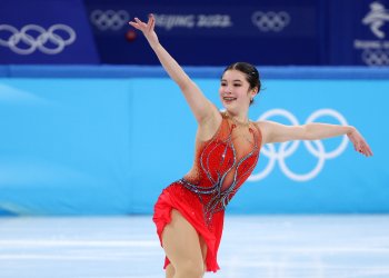 Alysa Liu with a big smile during her short program at the Olympic Winter Games Beijing 2022.