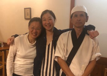 Mirai Nagasu with her parents at their restaurant