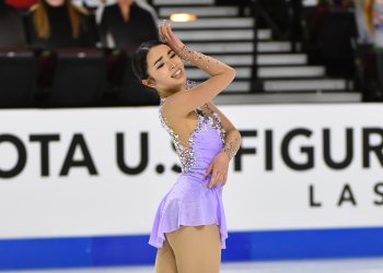 Karen Chen poses for the judges at the end of her free skate at the 2021 Toyota U.S. Figure Skating Championships