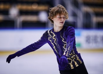 Ilia Malinin lines up for a jump at JGP France.