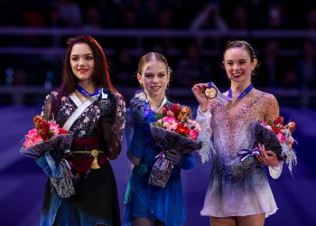 Mariah Bell poses with a bronze medal at Rostelecom Cup