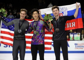 Nathan Chen poses with the other medalists at 2019 Internationaux de France