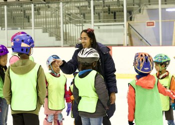 Figure Skating on Your Block Executive Director Dr. Ami Parekh talks with participants in the Learn to Skate program.