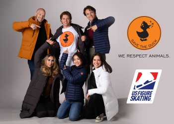 Photo of various Team USA athletes wearing Save the Duck apparel. To the left is the Save The Duck and U.S. Figure Skating logos. 
