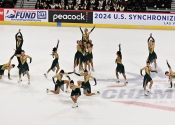  Teams Elite hits its ending pose at center ice after their free skate at the 2024 U.S. Synchronized Skating Championships.