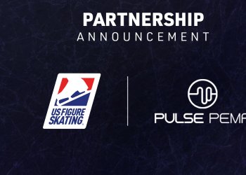 U.S. Figure Skating logo next to the Pulse PEMF logo on a dark blue background with white text saying "Partnership Announcement" above